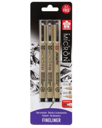 Pigma micron kit Noir 01, 05 et stylo pinceau gratuit | Sakura